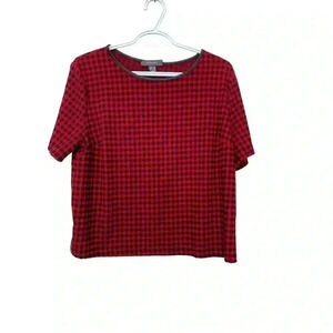 Primark, red and black checked blouse w front darts  & vegan leather trim